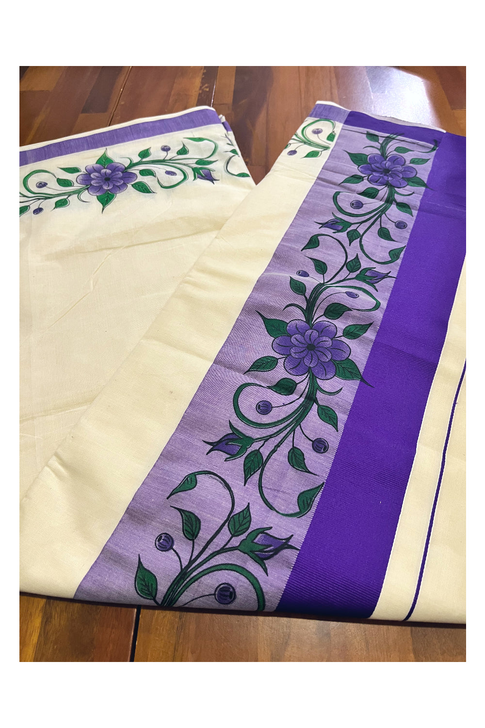 Pure Cotton Kerala Saree with Floral Block Printed Violet Border