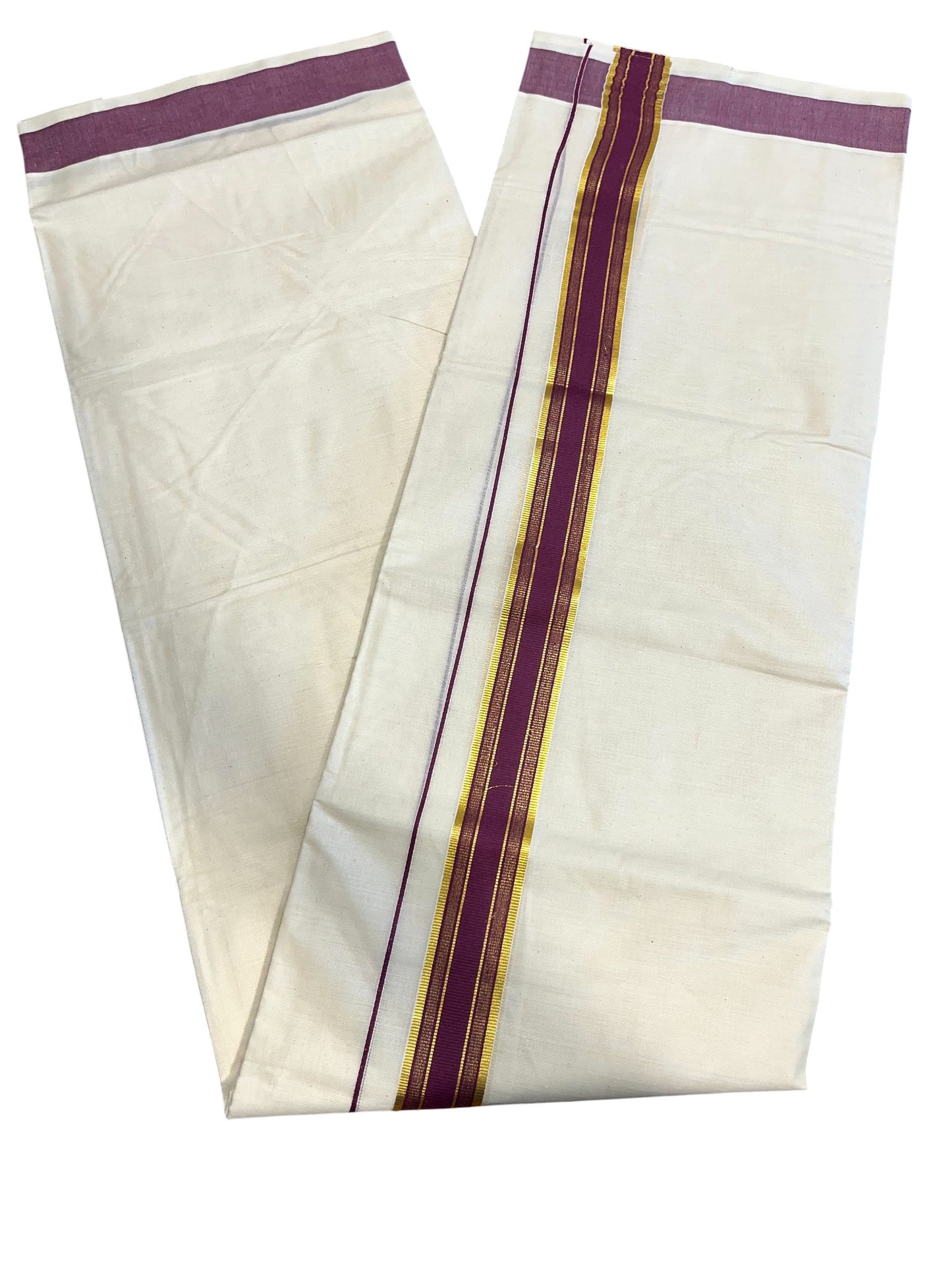 Southloom Kerala Pure Cotton Double Mundu with Gold Lines & Purple Border (South Indian Dhoti)