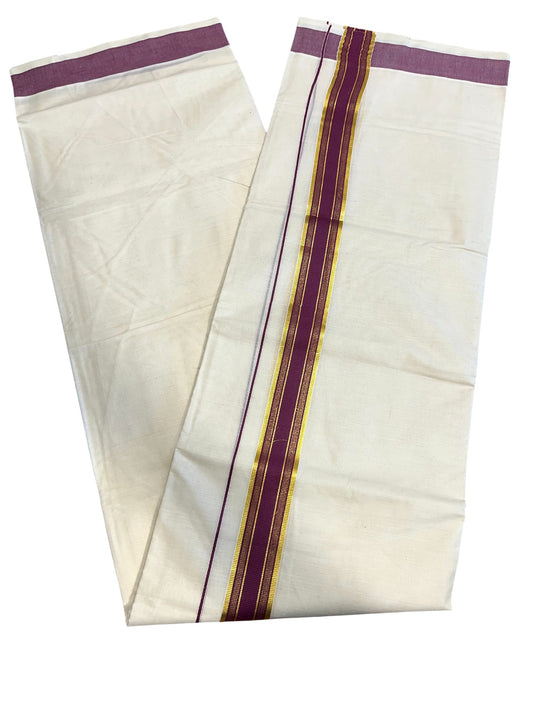 Southloom Kerala Pure Cotton Double Mundu with Gold Lines & Purple Border (South Indian Dhoti)