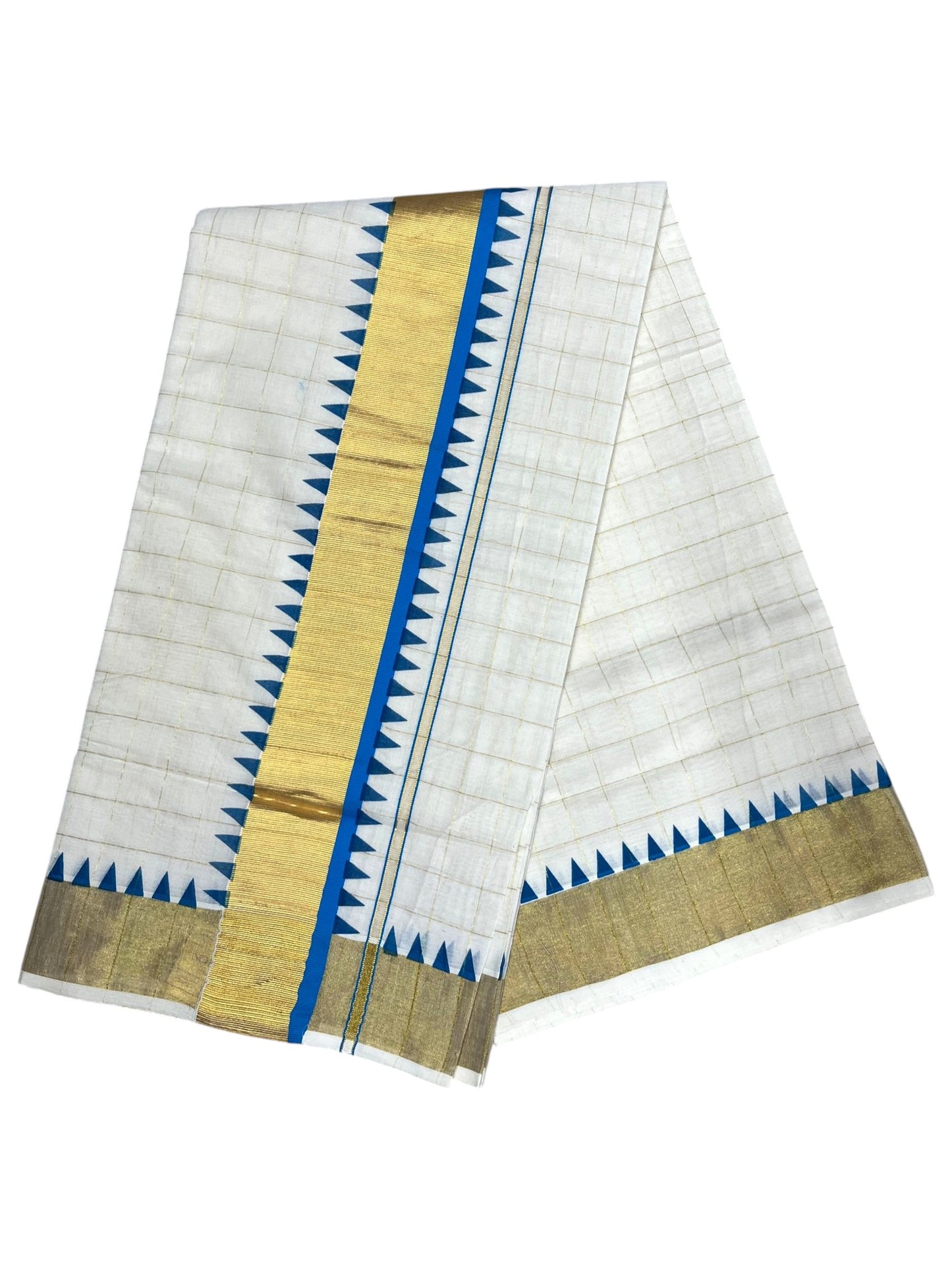 Southloom Cotton Kerala Kasavu Check Saree with Blue Temple Design Border