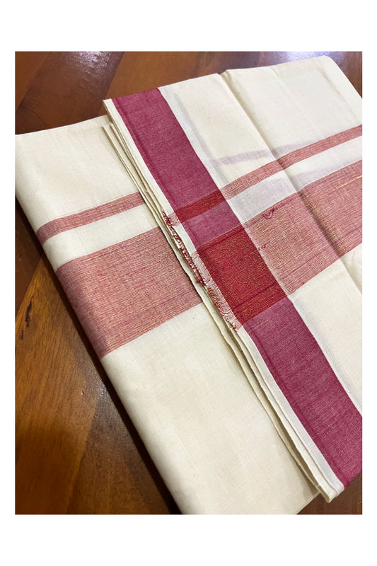 Off White Kerala Cotton Double Mundu with Kasavu and Maroon Border (South Indian Kerala Dhoti)