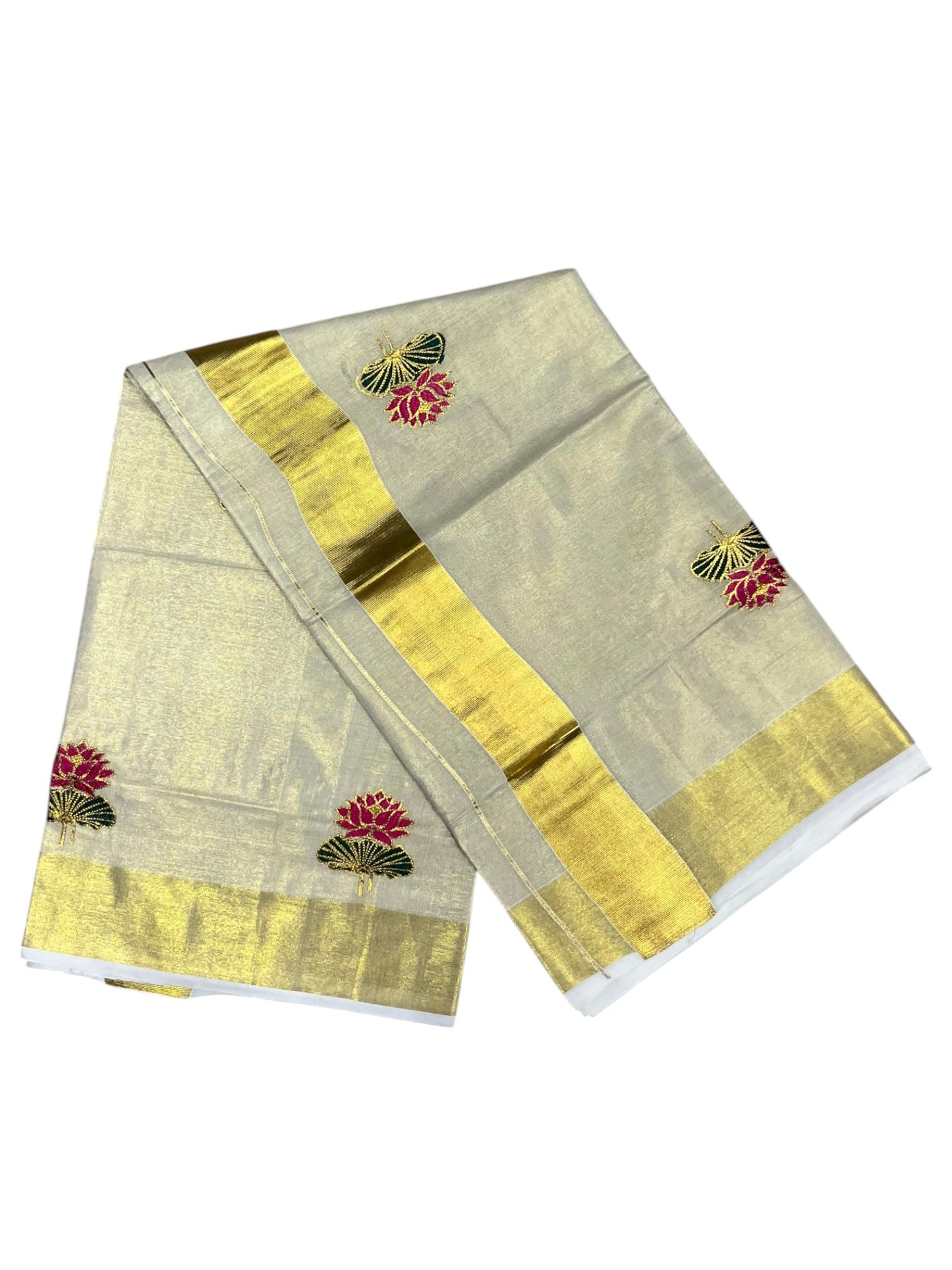 Southloom Lotus Pink and Green Embroidery Tissue Plain Kerala Saree SL289