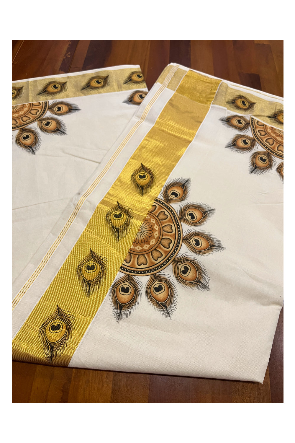 Pure Cotton Kerala Kasavu Saree with Mural Printed Semi Circle Feather Design