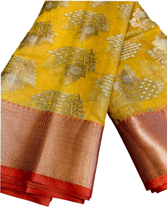 Southloom Tissue Banarasi Silk Saree with Woven Work on Body and Borders (Yellow & Peach)
