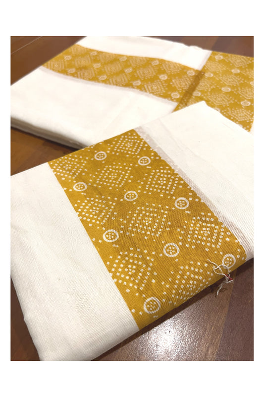 Kerala Cotton Set Mundu (Mundum Neriyathum) with Yellow Block Prints and Seperate Blouse Piece (Onam Set Mundu 2023)