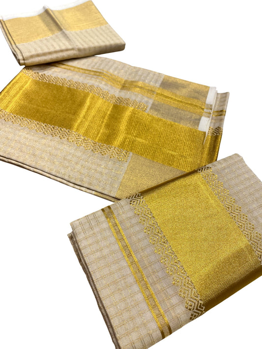 Southloom Premium Handloom Check Set Mundu with Kasavu and Golden Border (2.80 Mtr)