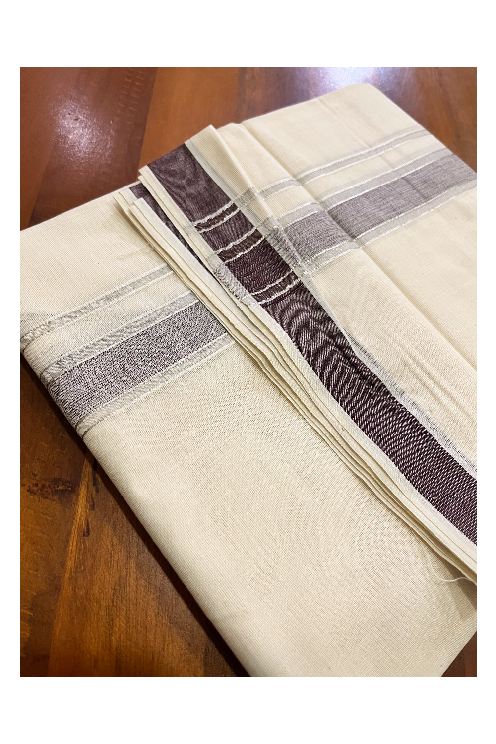 Pure Cotton Kerala Double Mundu with Silver Kasavu and Brown Border (South Indian Kerala Dhoti)