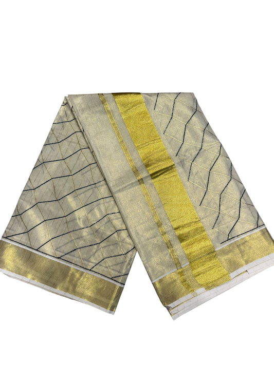 Kerala Tissue Kasavu Stripes Saree with Green and Gold Embroidery Design on Body