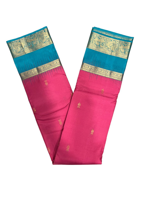 Southloom Premium Bridal Handloom Kanchipuram Silk Saree With Korvai Works (Pink & Blue)
