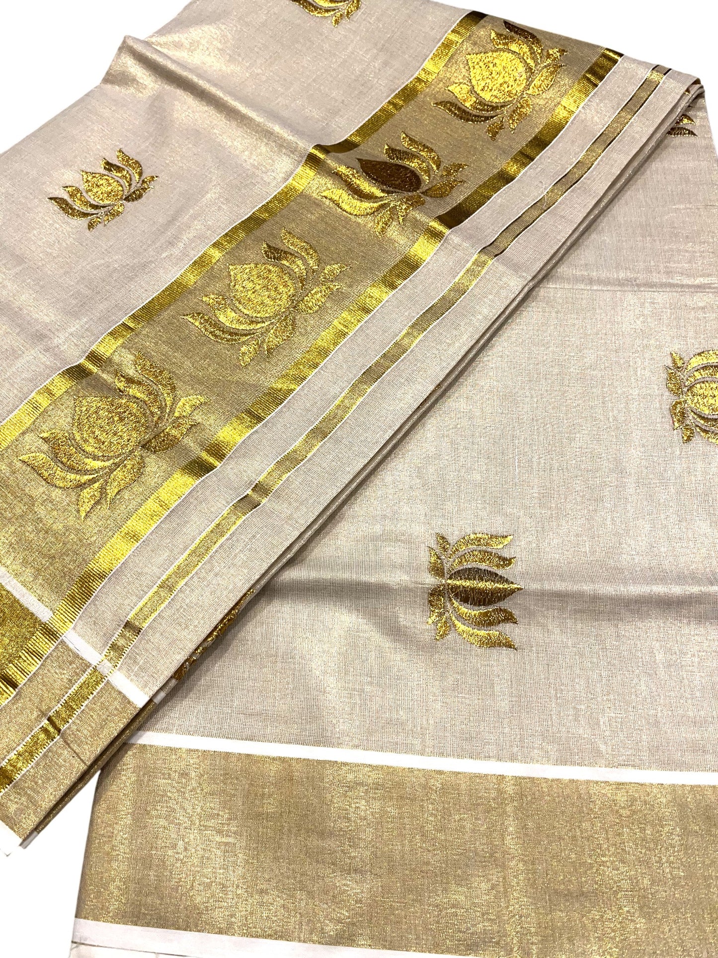 Southloom Tissue Kerala Kasavu Saree with Lotus Embroidery Design