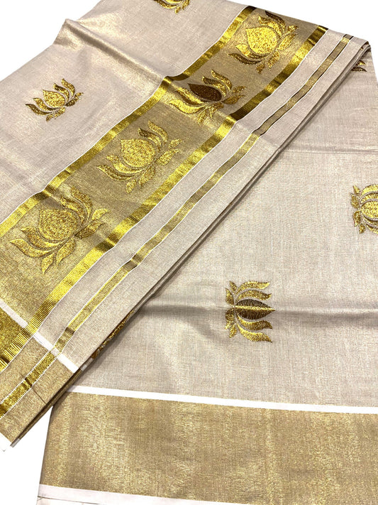 Southloom Tissue Kerala Kasavu Saree with Lotus Embroidery Design