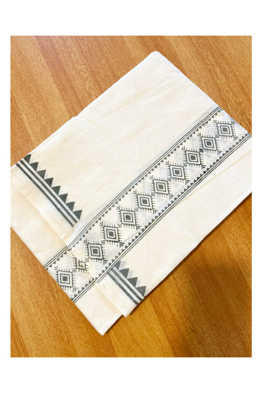 Pure Cotton Off White Double Mundu with Grey Block Prints On Border (South Indian Kerala Dhoti)