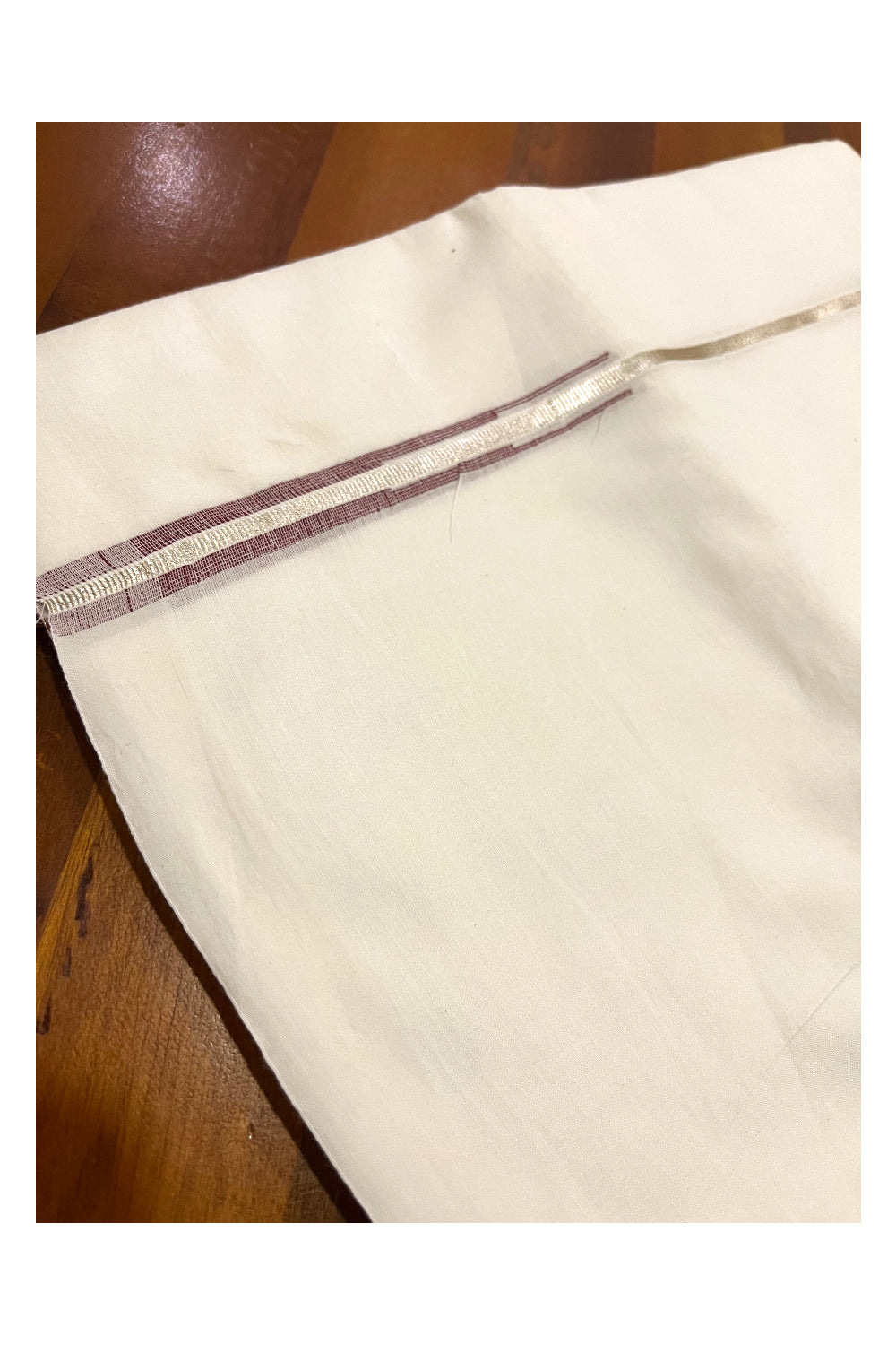 Pure White Cotton Double Mundu with Silver Kasavu Border and Maroon Chutti Work (South Indian Kerala Dhoti)