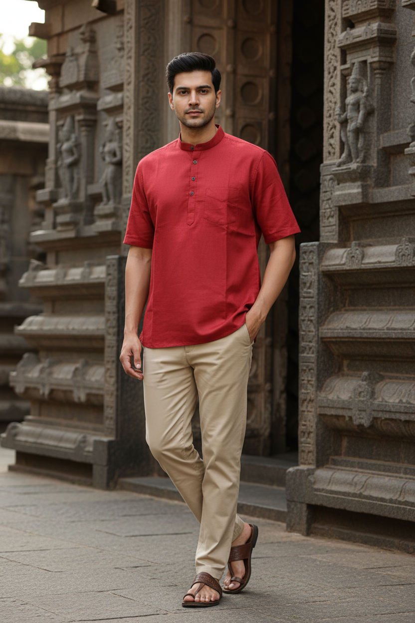 Southloom Maroon Short Cotton Kurta Shirt for Men