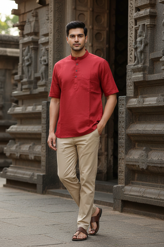 Southloom Maroon Short Cotton Kurta Shirt for Men