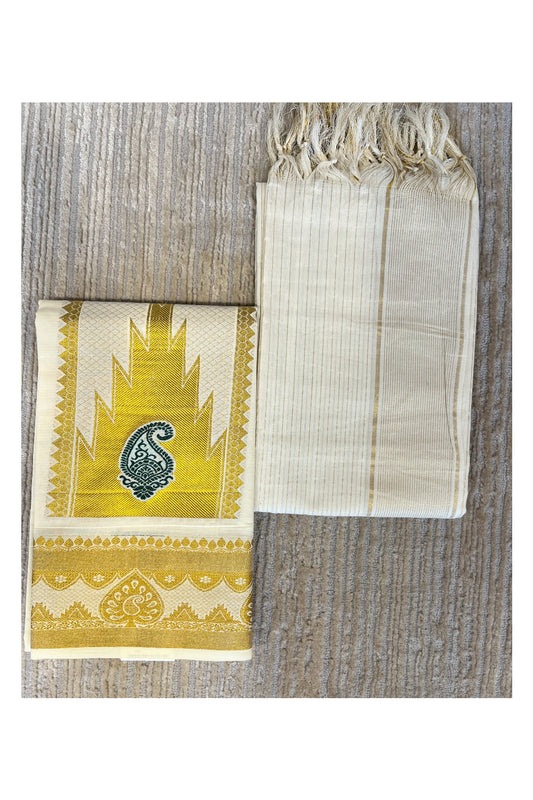 Southloom™ Cotton Churidar Salwar Suit Material with Gold And Green Woven Work (include Lines Shawl / Dupatta)