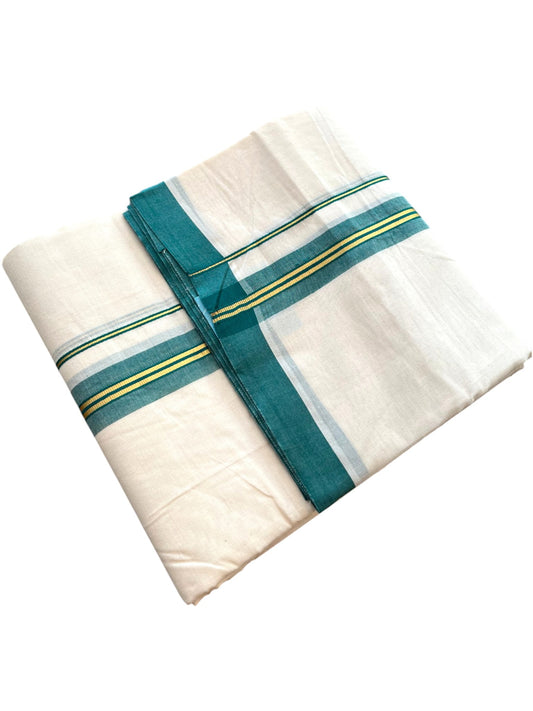 Southloom Pure Cotton Mundu with Golden Lines and Peacock green Border (South Indian Kerala Dhoti)