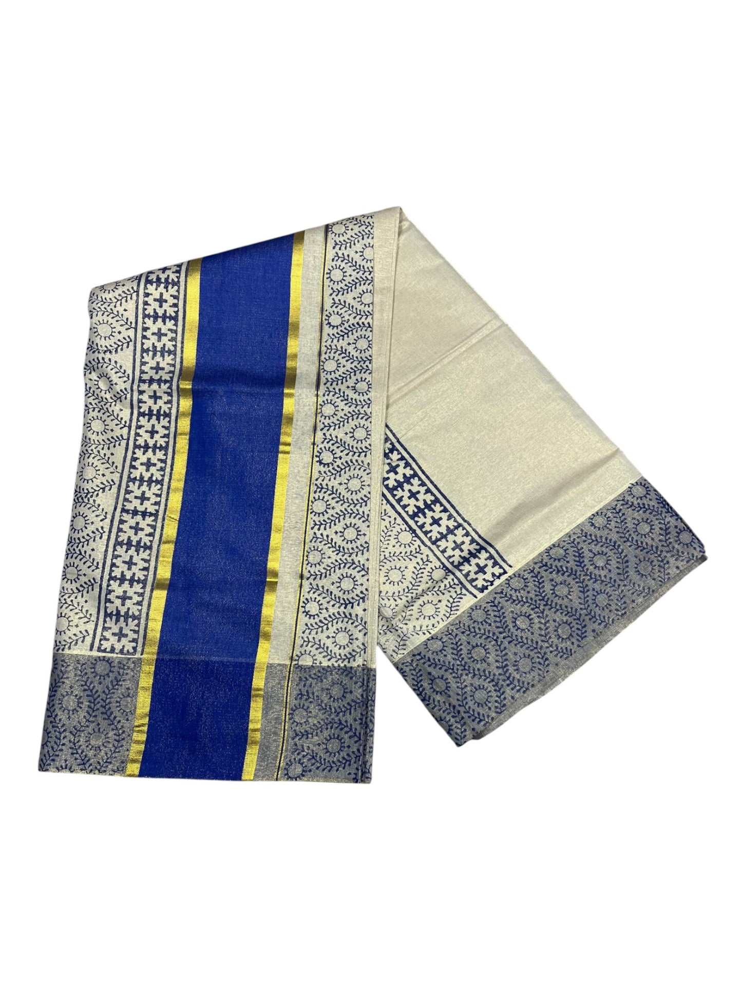 Southloom Tissue Kerala Kasavu Saree with Block Print on Body and Borders in Blue