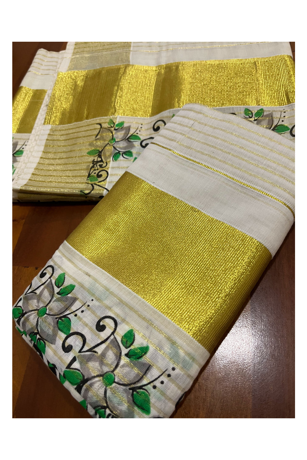 Kerala Cotton Set Mundu (Mundum Neriyathum) with Kasavu Lines Design on Body and Grey Block Printed Border 2.80 Mtrs (Onam Set Mundu 2023)