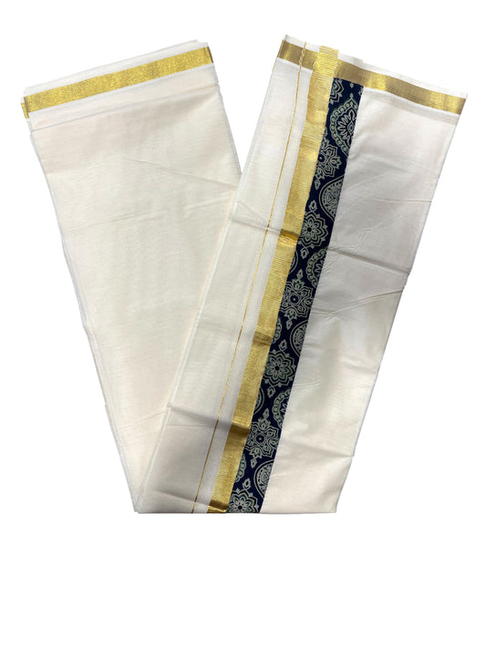 Southloom Pure Cotton Mundu with Kasavu And Blue Ajrakh Print (South Indian Kerala Dhoti)