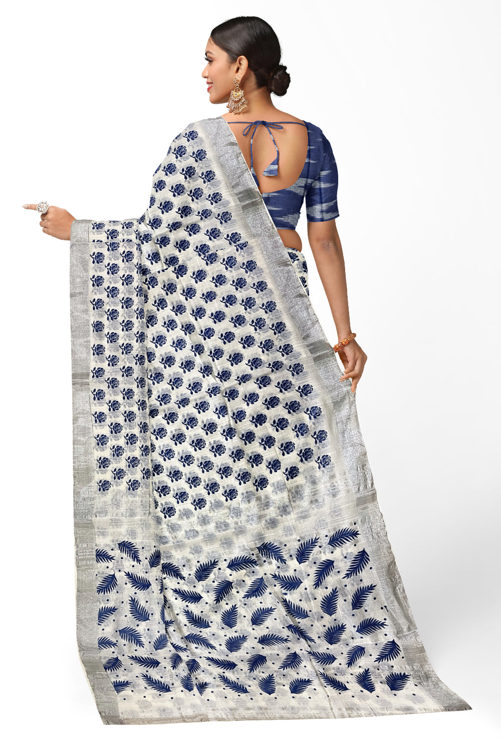 Southloom Linen White Saree with Blue Floral Prints and Tassels works on Pallu