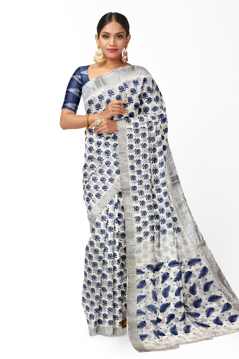 Southloom Linen White Saree with Blue Floral Prints and Tassels works on Pallu