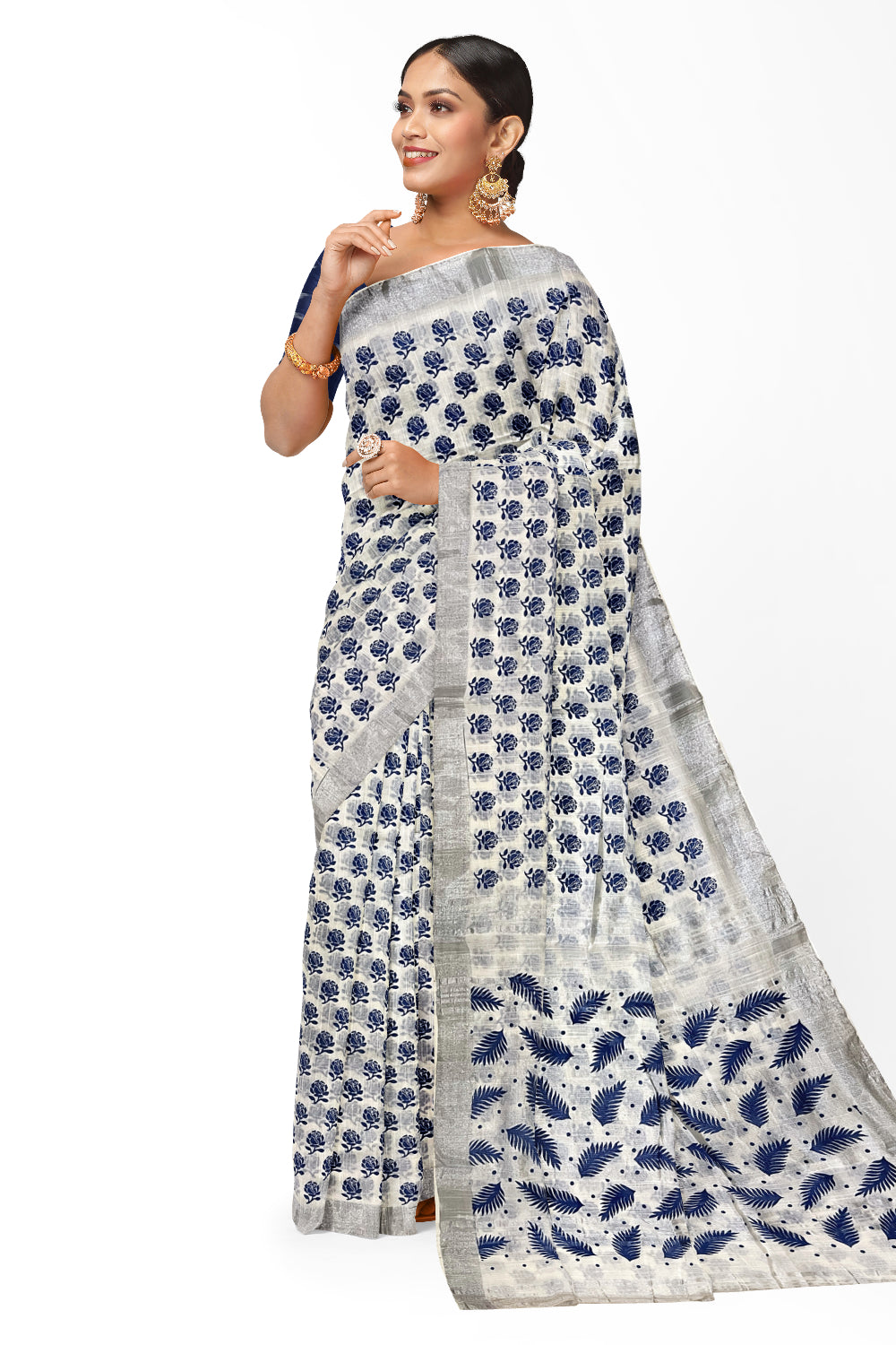 Southloom Linen White Saree with Blue Floral Prints and Tassels works on Pallu