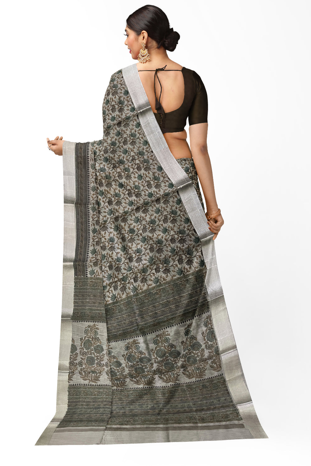 Southloom Cotton Grey Floral Printed Saree