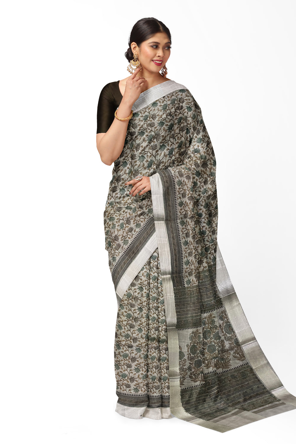 Southloom Cotton Grey Floral Printed Saree