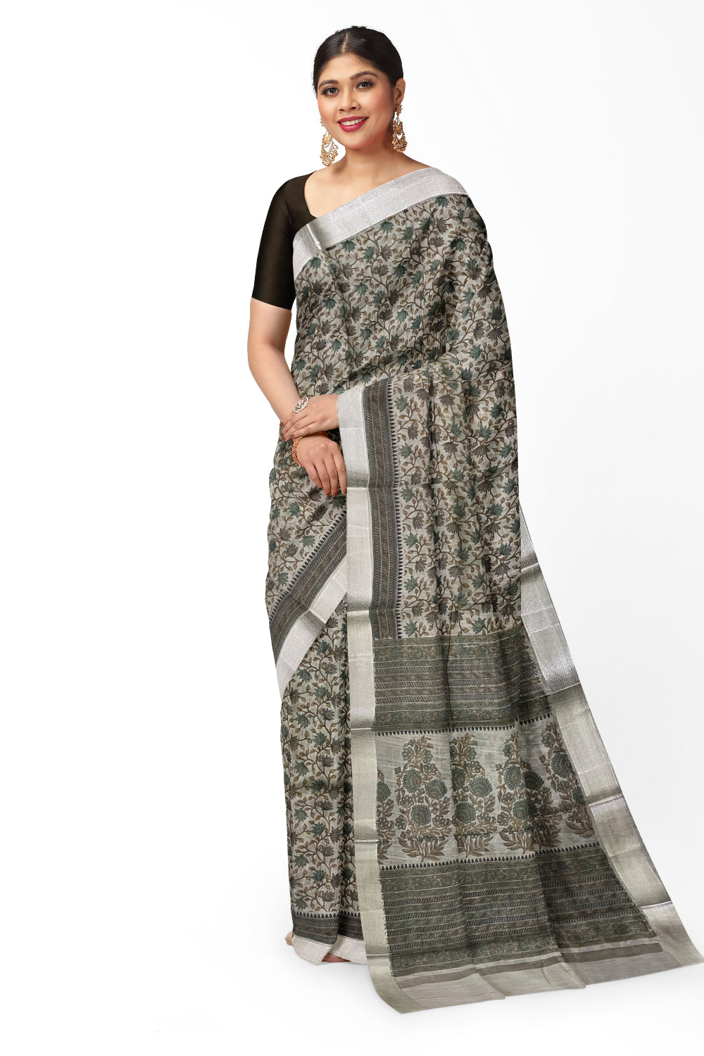 Southloom Cotton Grey Floral Printed Saree