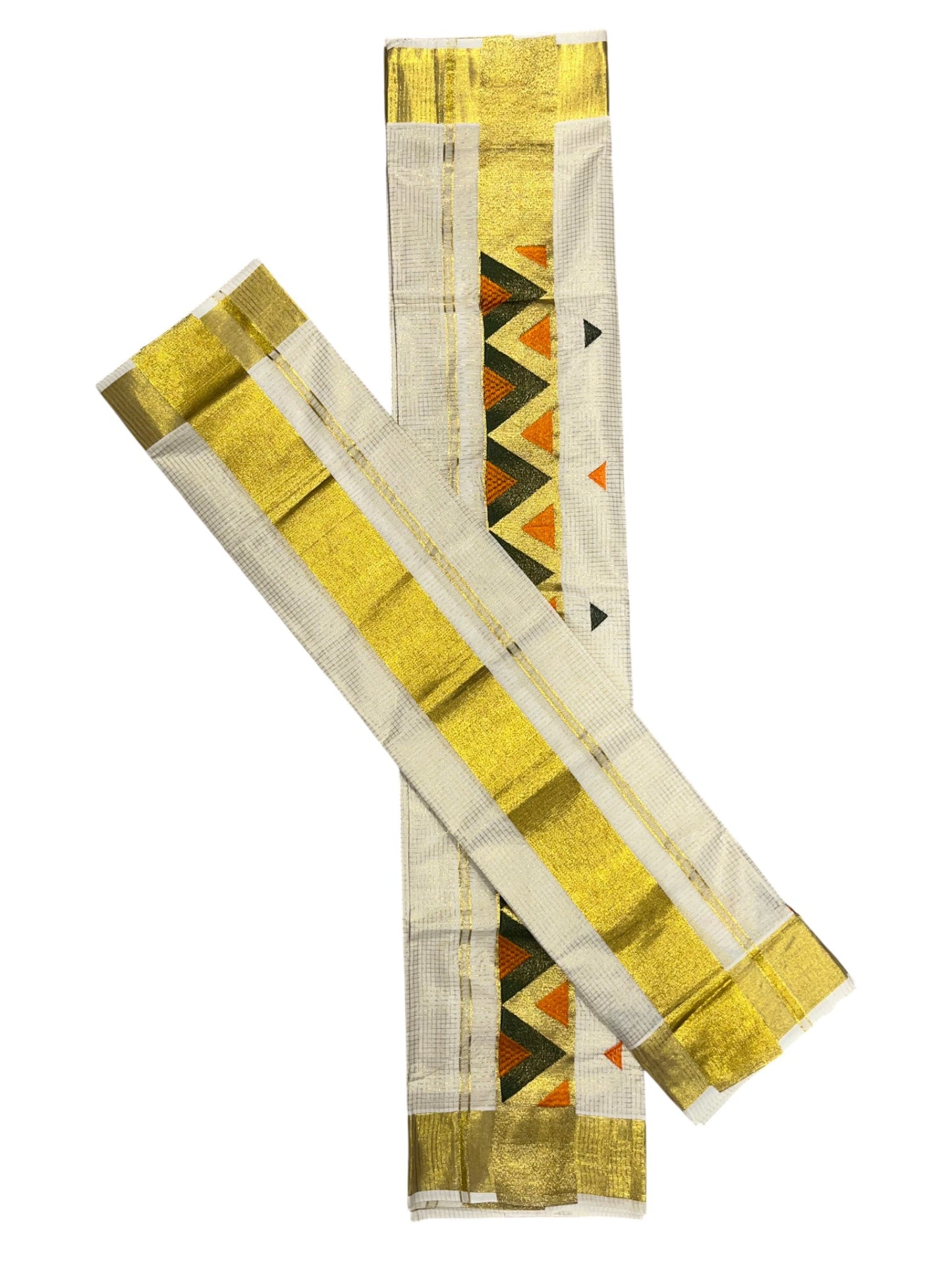 southloom Kerala TIssue Kasavu Mundum Neriyathum (Set Mundu) with Green Orange Embroidery Designs in Kasavu Border