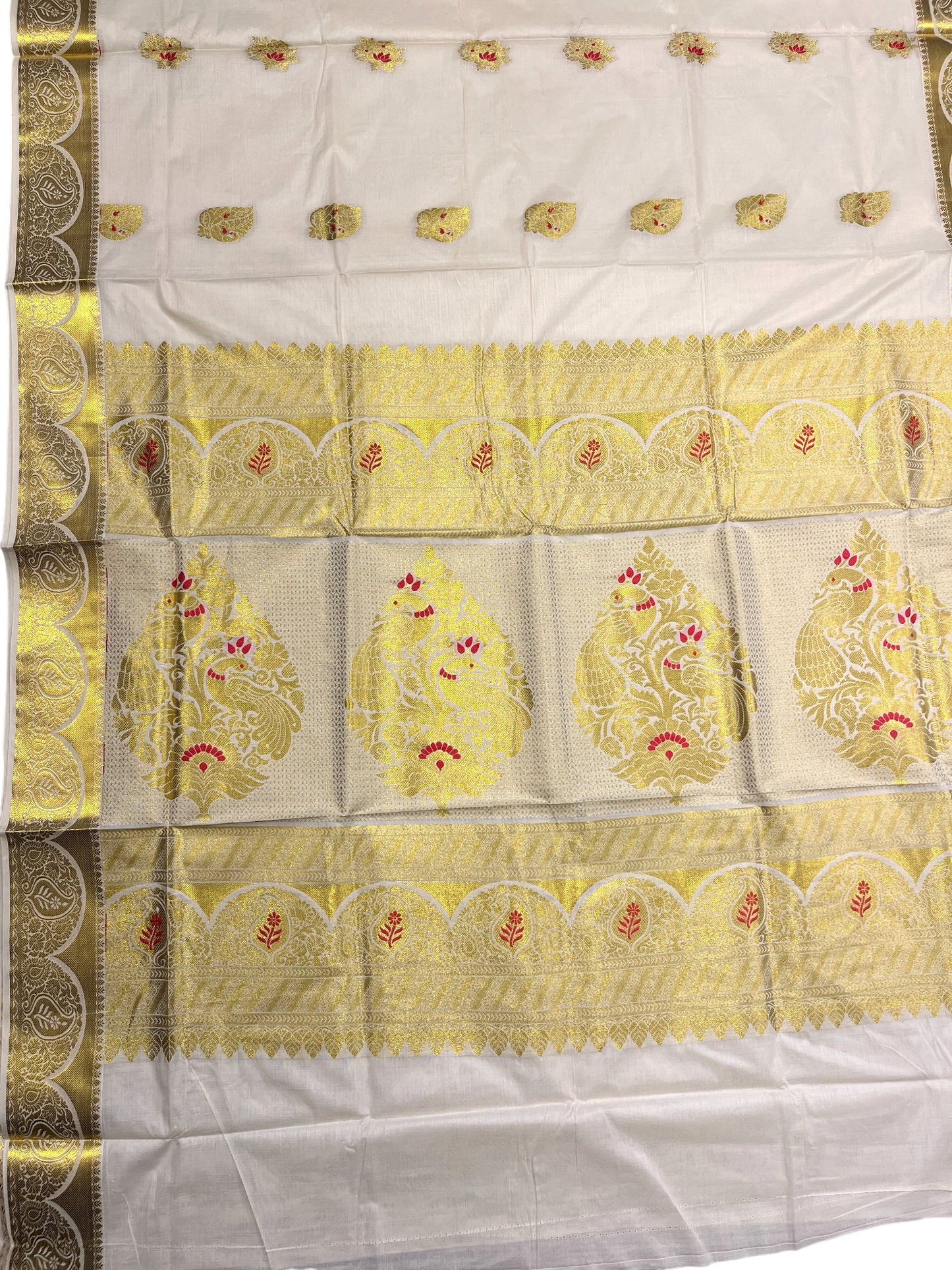 Southloom Cotton Kasavu Replica Saree with Red and Golden Works Across Body and Kasavu Border
