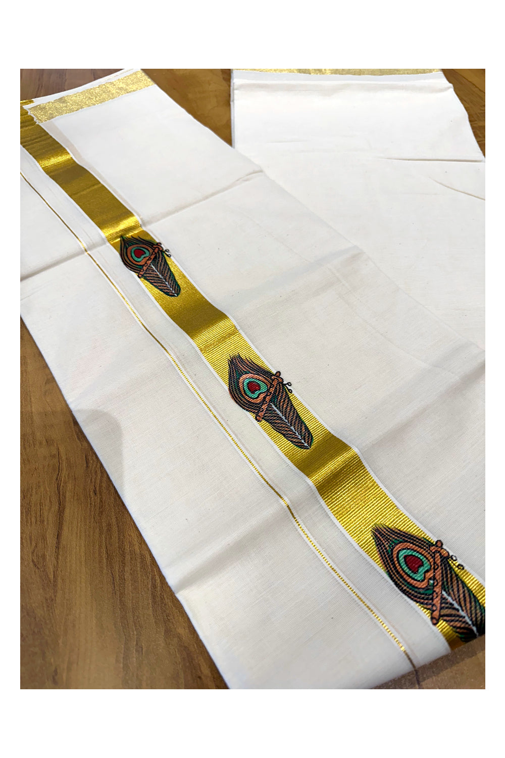 Off White Pure Cotton Double Mundu with Feather Mural Painted Design on Kasavu Kara (South Indian Dhoti)