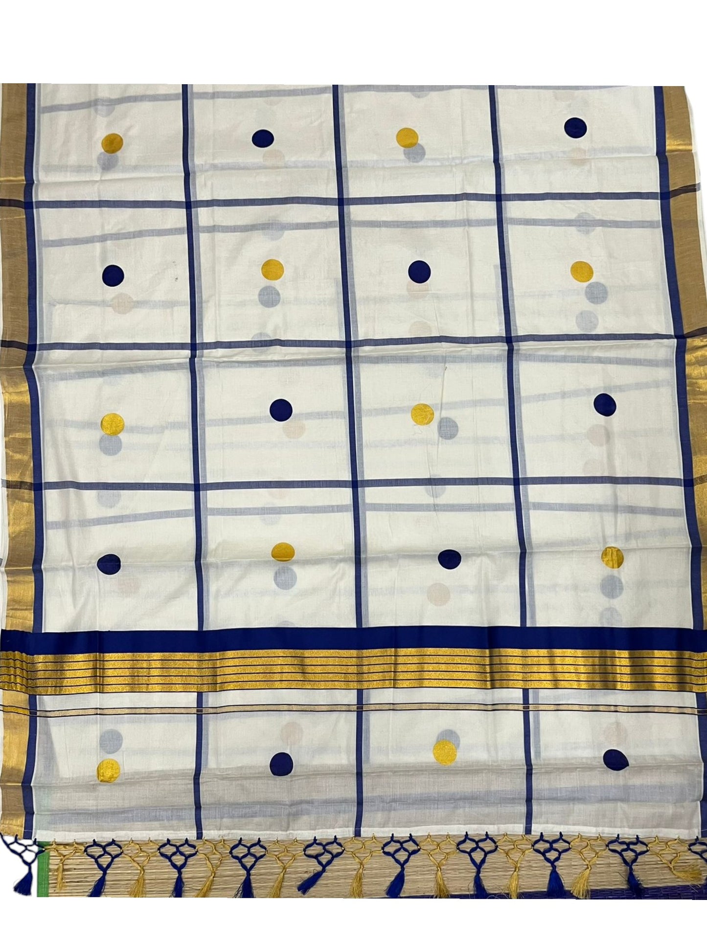Southloom Kerala Cotton Kasavu Saree with Blue & Gold Polka Works on Body