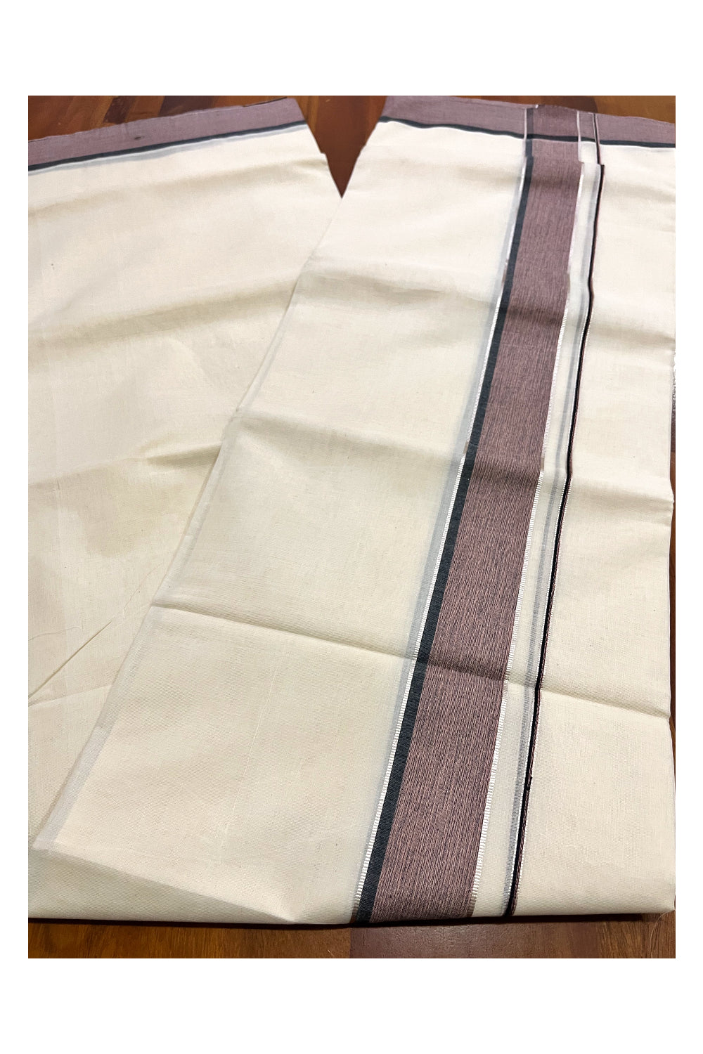 Pure Cotton 100x100 Double Mundu with Silver Kasavu and Black Brown Border (South Indian Kerala Dhoti)