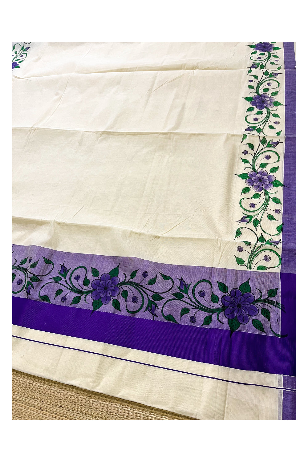 Pure Cotton Kerala Saree with Floral Block Printed Violet Border