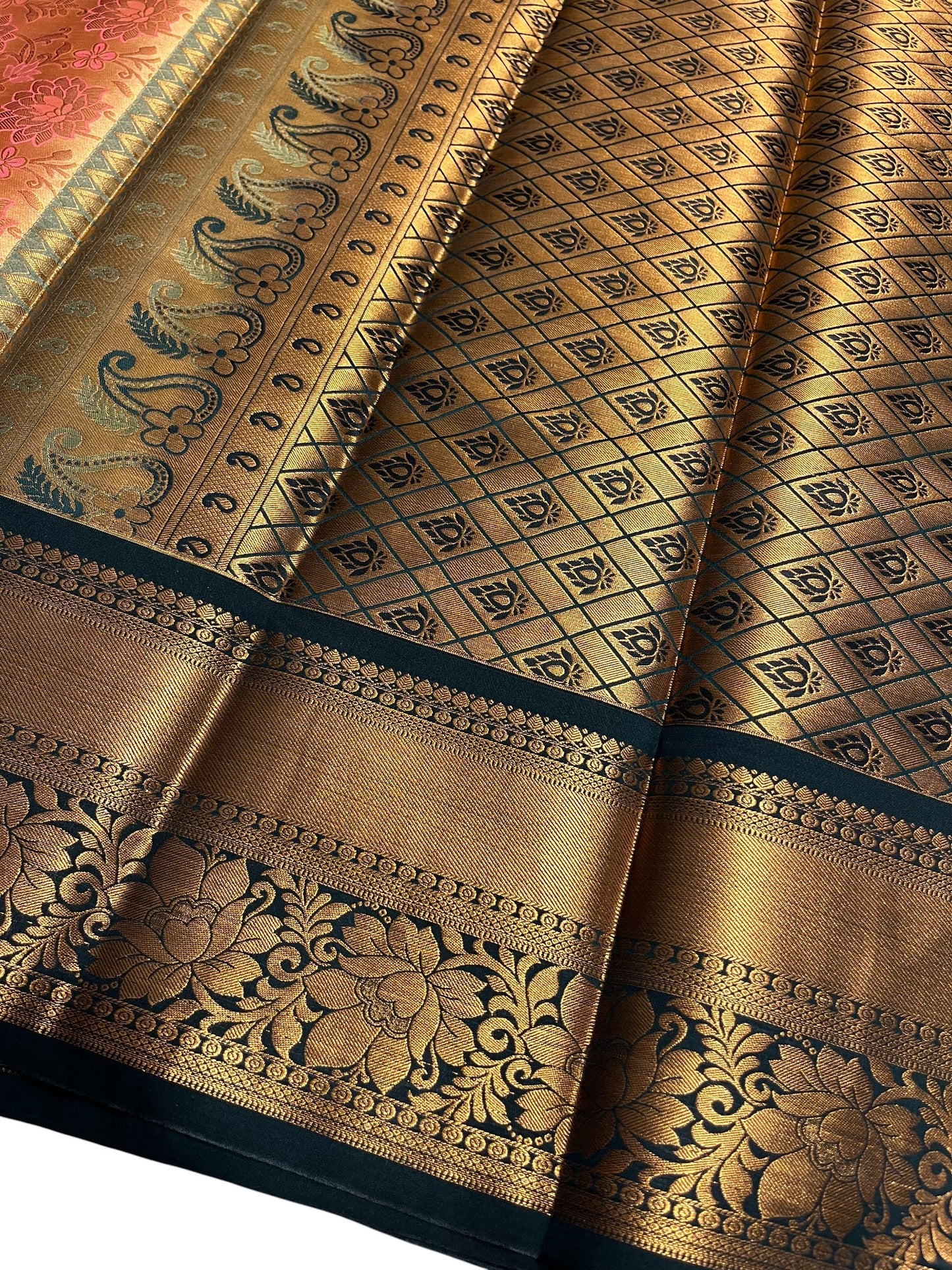 Southloom Banarasi Semi Silk Saree with Floral Zari Work Across Body (Peach & Green)