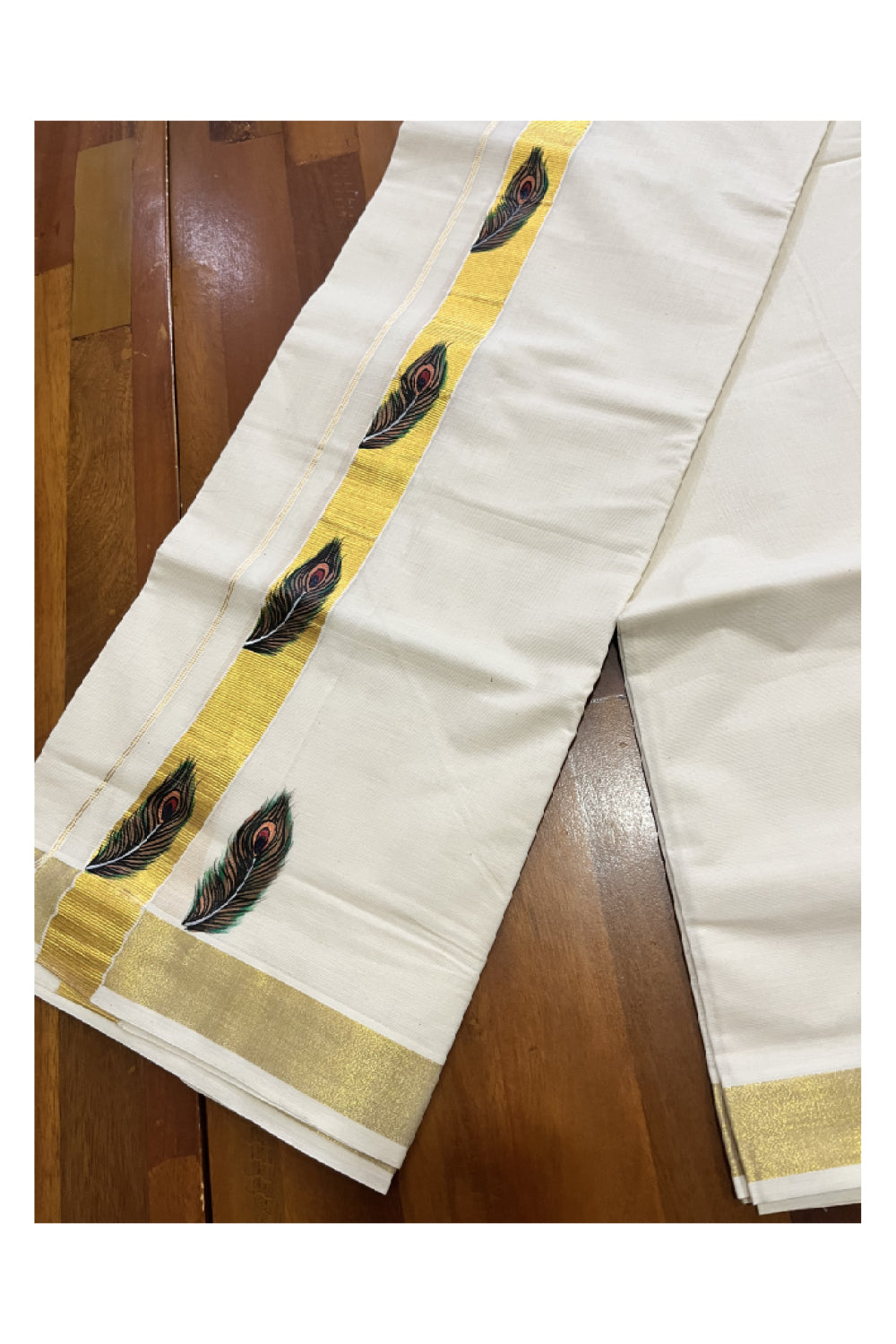 Off White Kerala Cotton Double Mundu with Feather Hand Painted Designs on Kasavu Border (Vishu 2024 Collection)