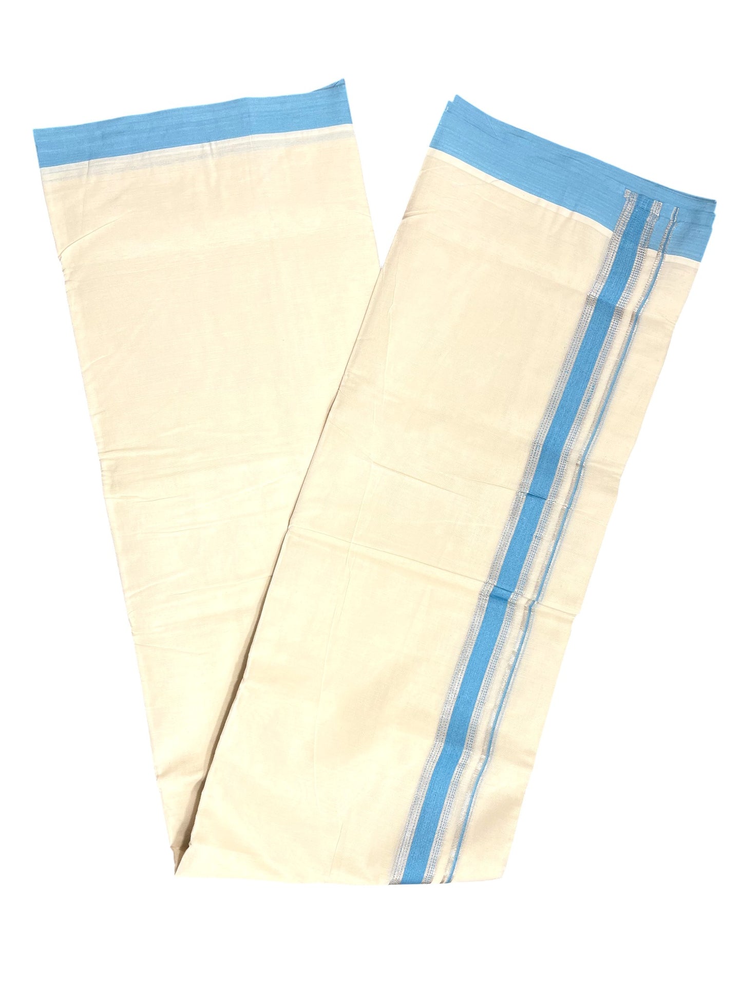 Southloom Kerala Pure Cotton Double Mundu with Silver Lines & Blue Border (South Indian Dhoti)