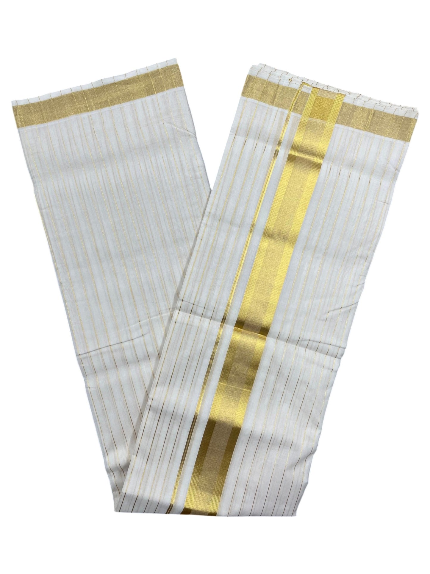 Southloom Premium Handloom Cotton Double Mundu with Gold Kasavu And Gold Lines on Body & Border