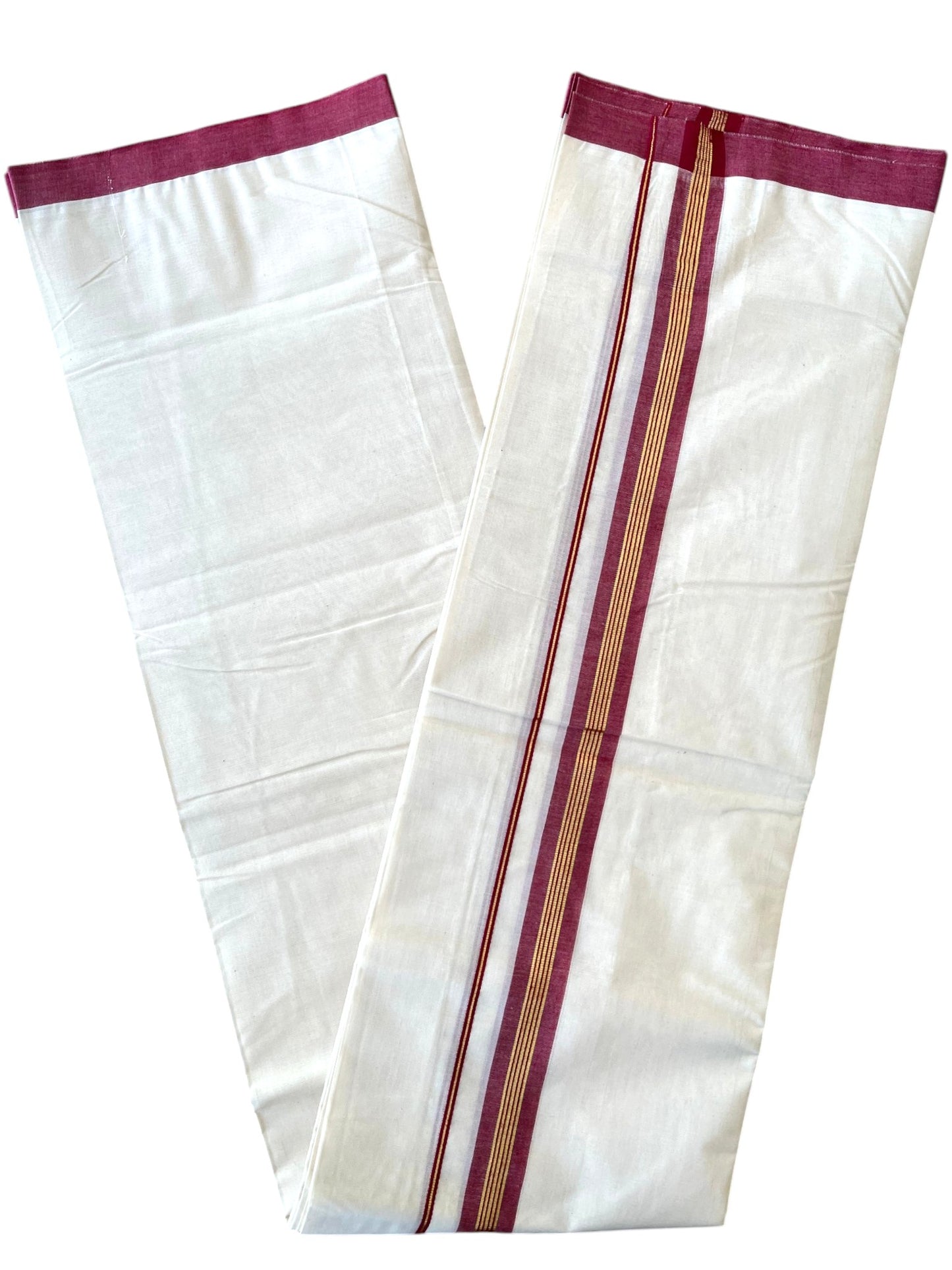 Southloom Pure Cotton Mundu with Golden Lines and Maroon Border (South Indian Kerala Dhoti)