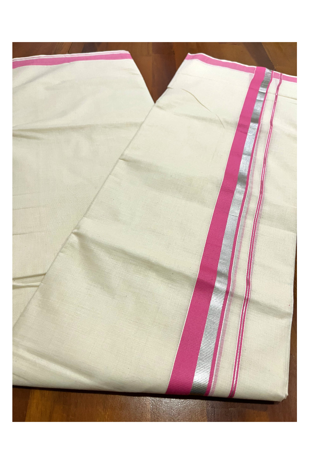 Pure Cotton Double Mundu with Silver Kasavu and Pink Kara (South Indian Kerala Dhoti)