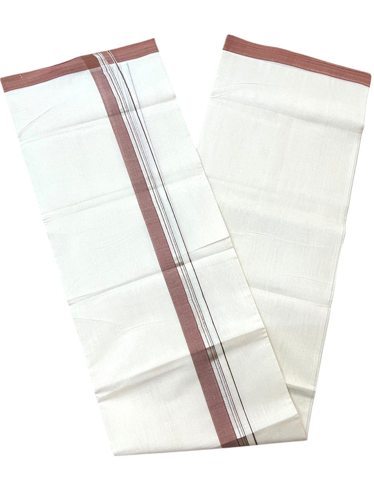 Southloom Balaramapuram Unakkupaavu Premium Handloom Cotton Double Mundu with Silver Lines and Brown Border
