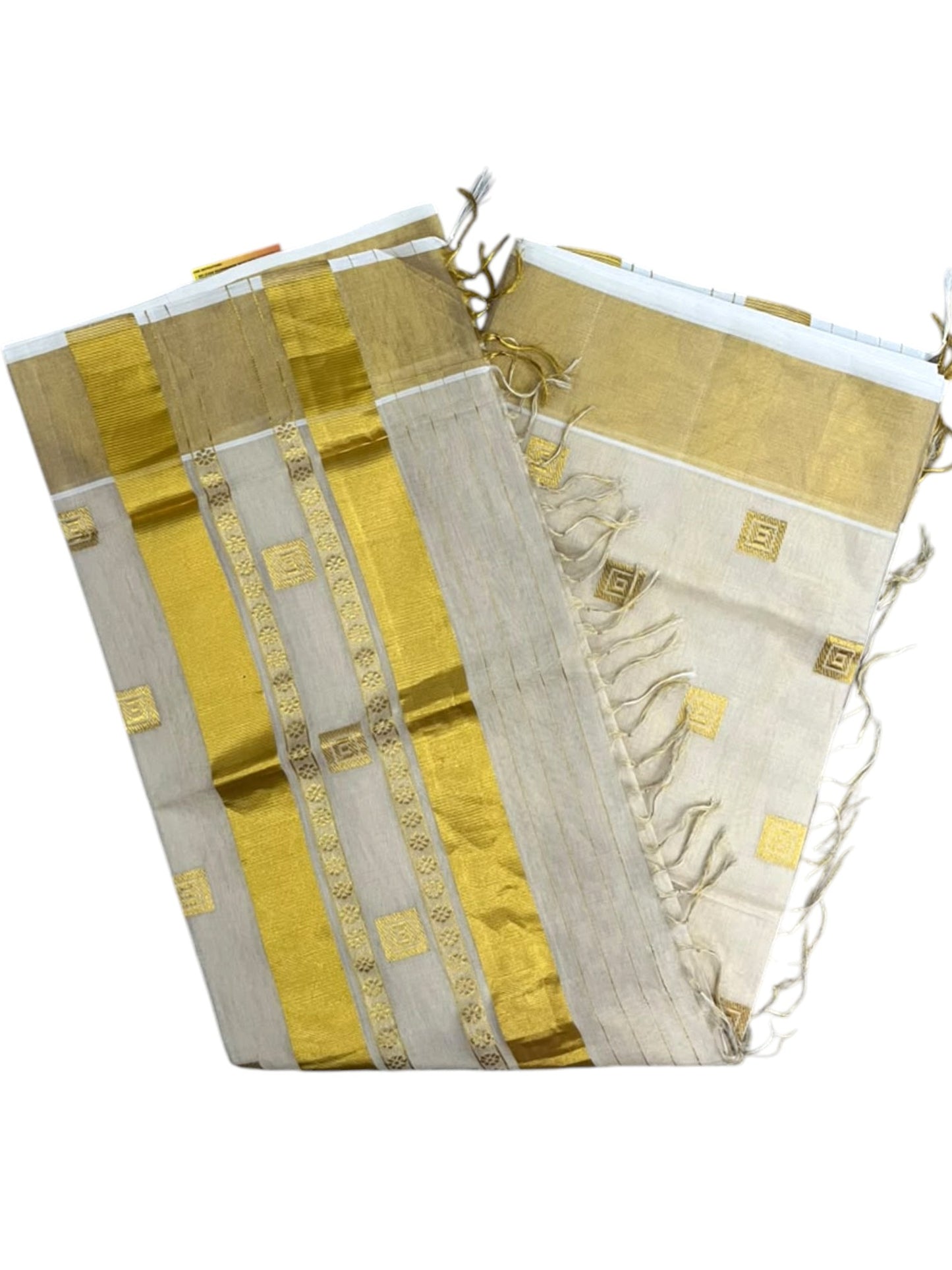 Southloom Super Premium Balaramapuram Handloom Tissue Saree with Temple Design and Gold Kasavu Border