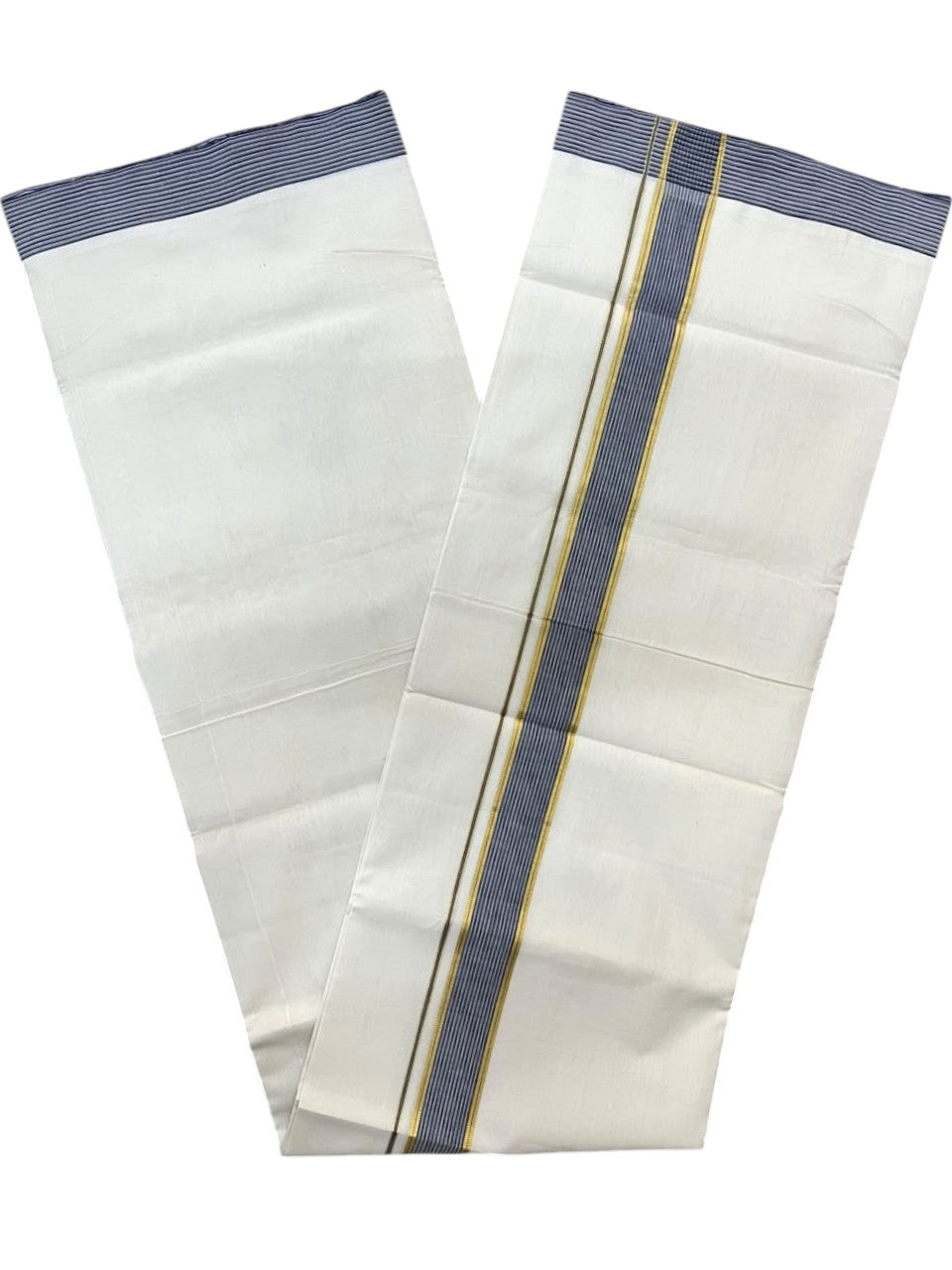 Southloom Balaramapuram Unakkupaavu Premium Handloom Cotton Double Mundu with Gold Kasavu and Blue Border