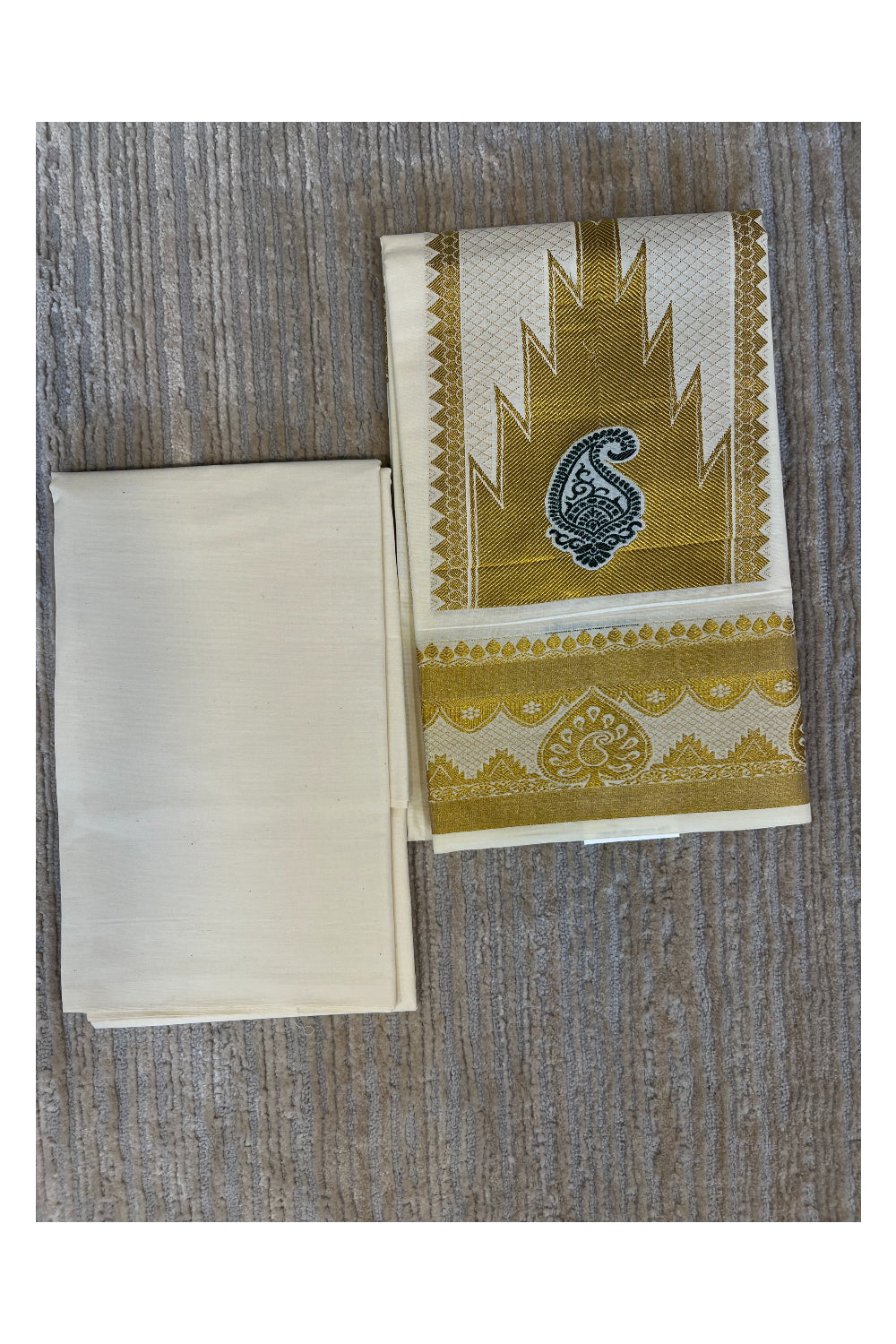 Southloom™ Cotton Churidar Salwar Suit Material with Gold And Green Woven Work (include Lines Shawl / Dupatta)