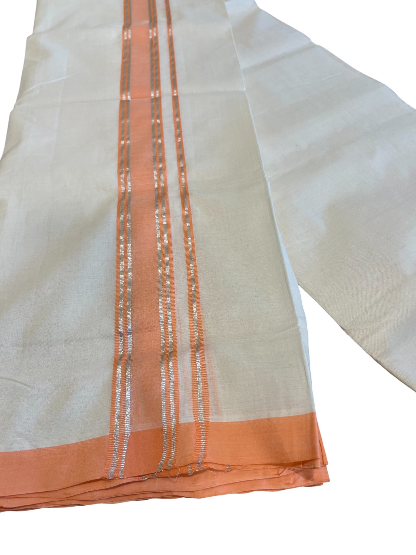 Southloom Premium Handloom Cotton Double Mundu with Silver and Peach Border
