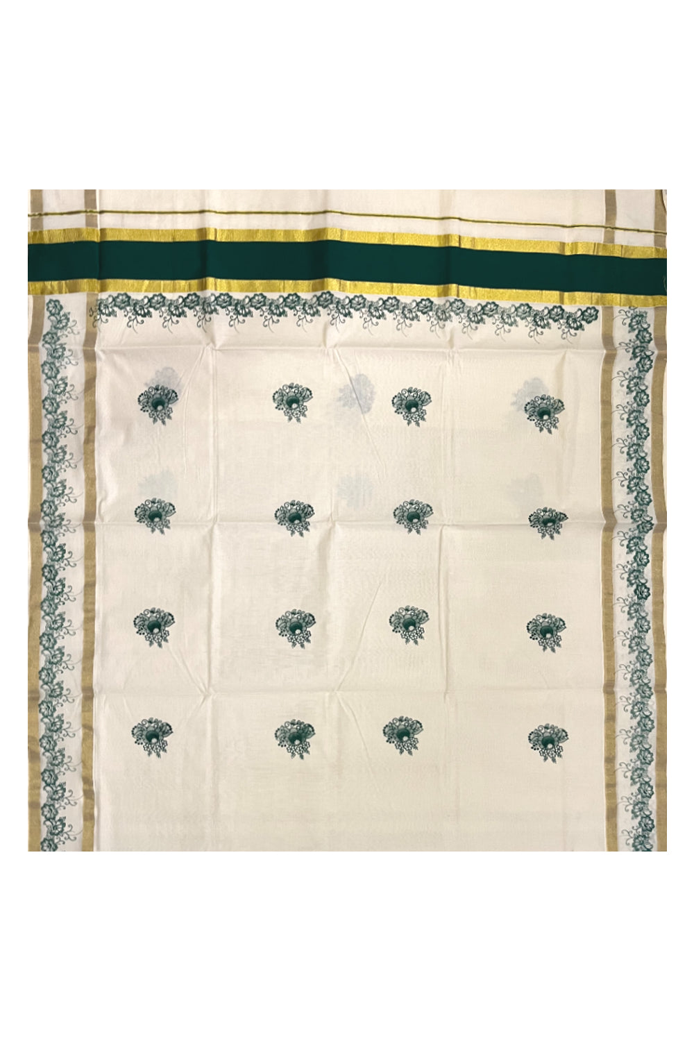 Pure Cotton Kerala Saree with Green Floral Block Printed Kasavu Border