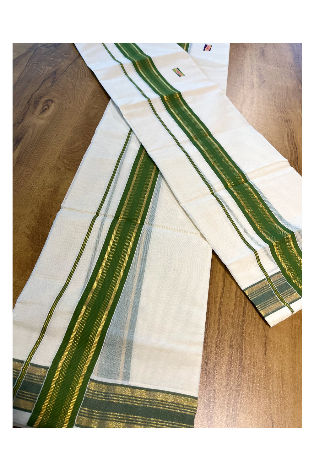 Kerala Cotton Set Mundu (Mundum Neriyathum) with Kasavu and Olive Green Border 2.80 Mtrs