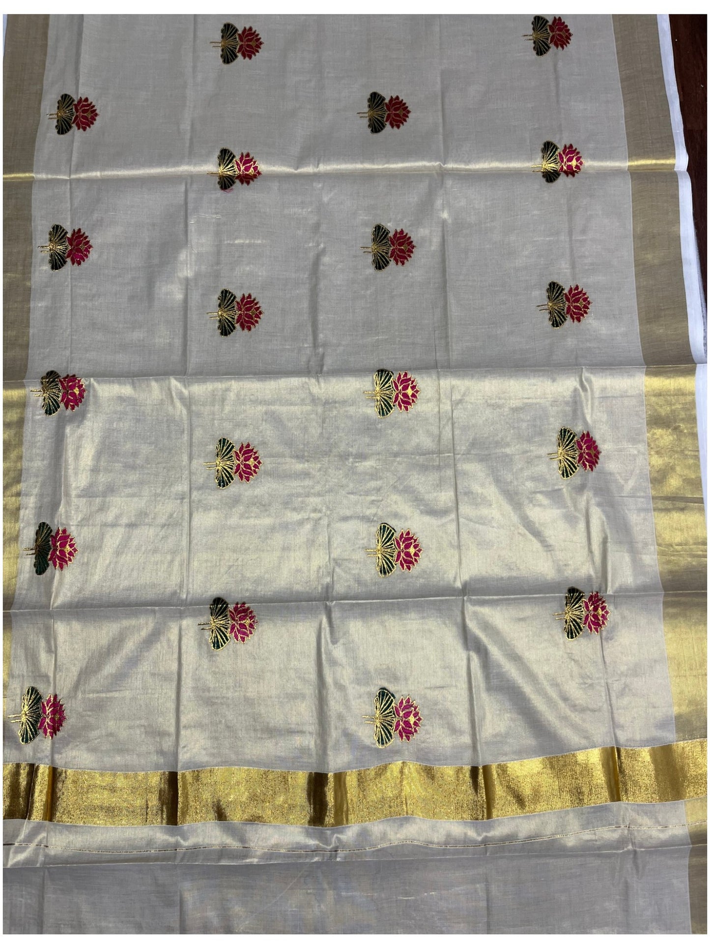 Southloom Lotus Pink and Green Embroidery Tissue Plain Kerala Saree SL289
